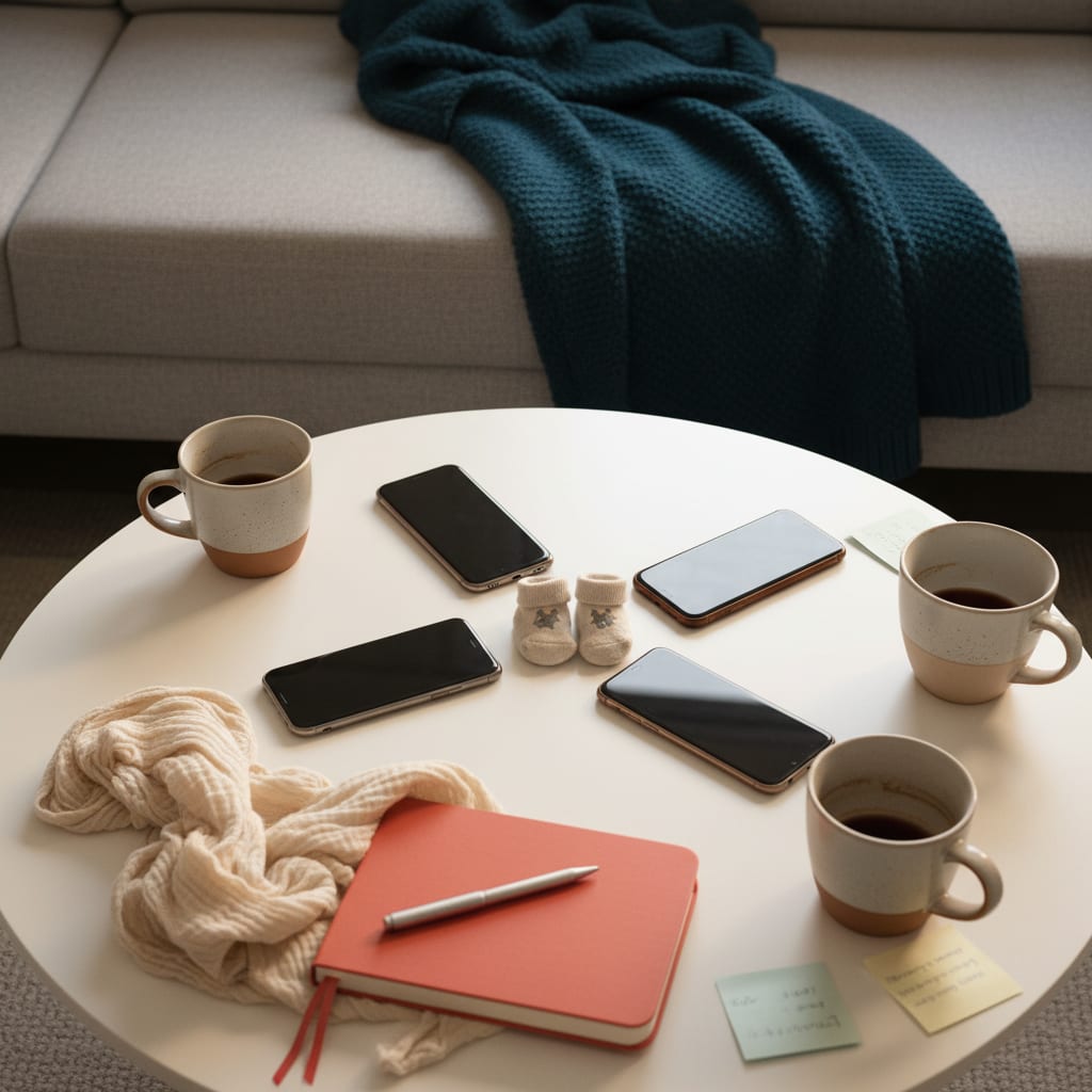 The New Moms Club founding group chat era — a coffee table with phones, muslin cloths and handwritten club notes